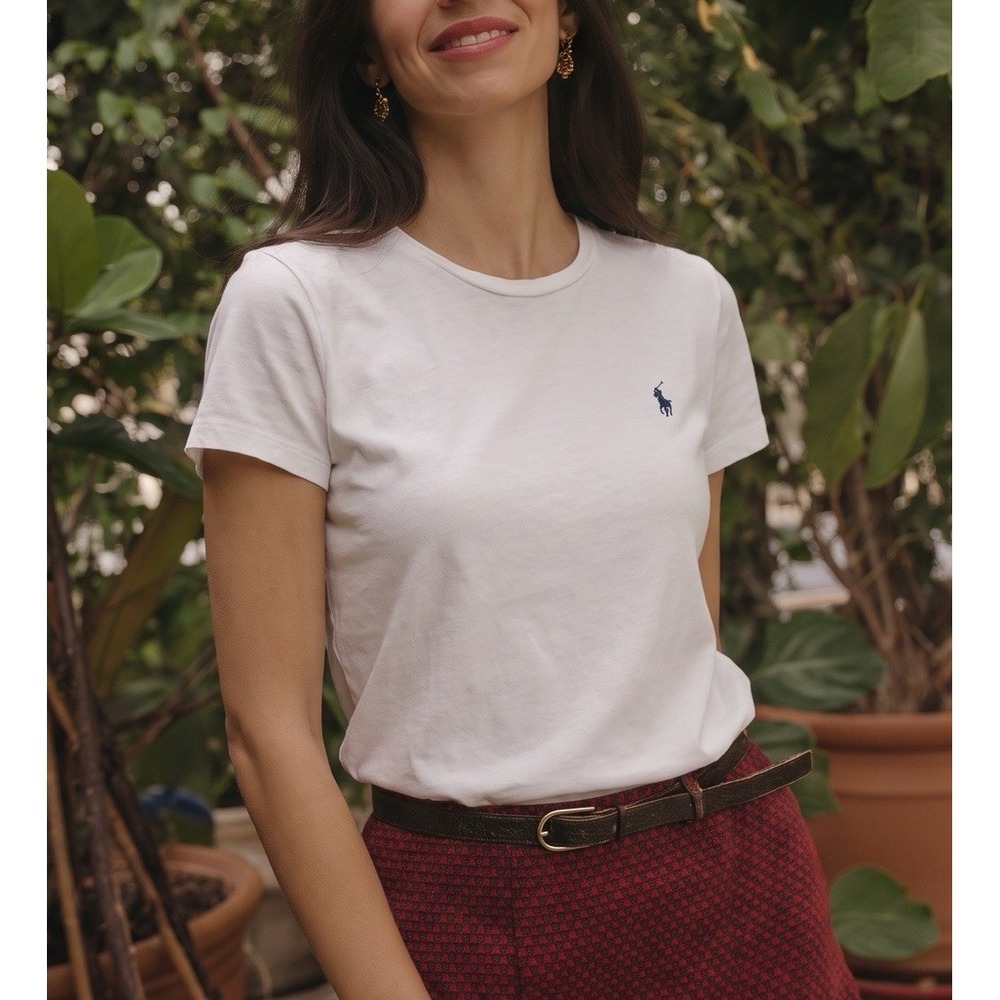 Ralph Lauren Sport Preppy White Top T Shirt Women's Medium Blue Pony 100% Cotton